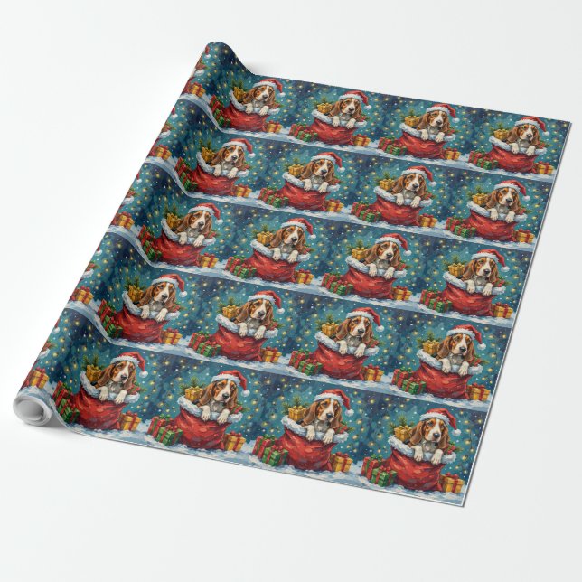 Basset Hound Christmas Santa Bag Adventure Presentpapper (Utrullad)
