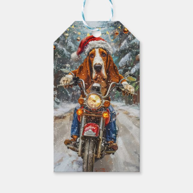 Basset Hound Dog Riding Motorcykel jul Presentetikett (Framsidan)