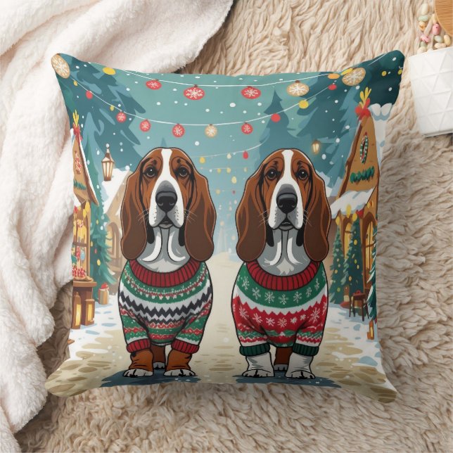 Basset Hound Dogs Christmas Snow Holiday Kudde (Filt)
