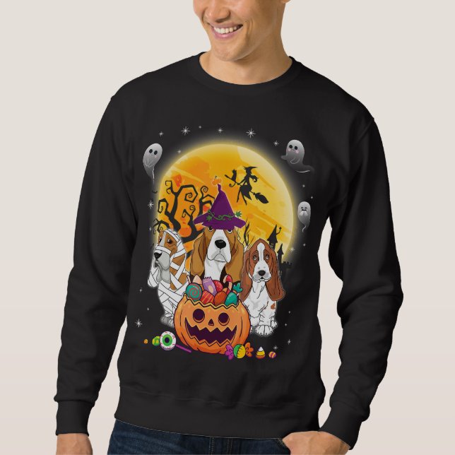 Basset Hound DogWitch Måne Spöken Happy halloween Lång Ärmad Tröja (Framsida)