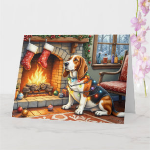 Basset Hound Eldstaden med julbelysning Kort