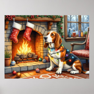 Basset Hound Eldstuga med julbelysning Poster
