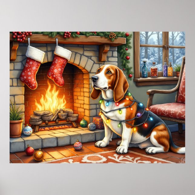 Basset Hound Eldstuga med julbelysning Poster (Framsidan)