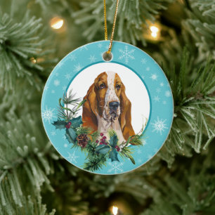 Basset Hound Evergreen Blue Snowflake Gräns Julgransprydnad Keramik