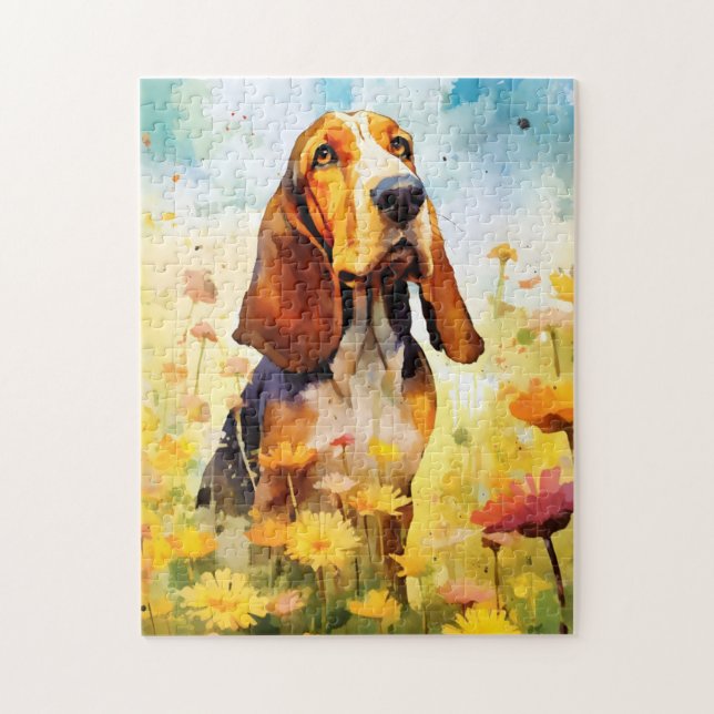 Basset Hound-färgad vattenfärgsgrafik Pussel (Vertikal)