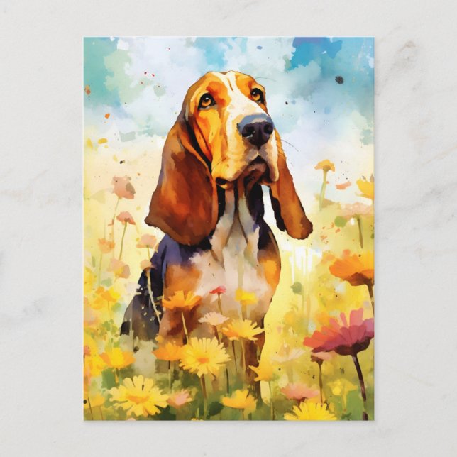 Basset Hound-färgad vattenfärgsgrafik Vykort (Framsida)