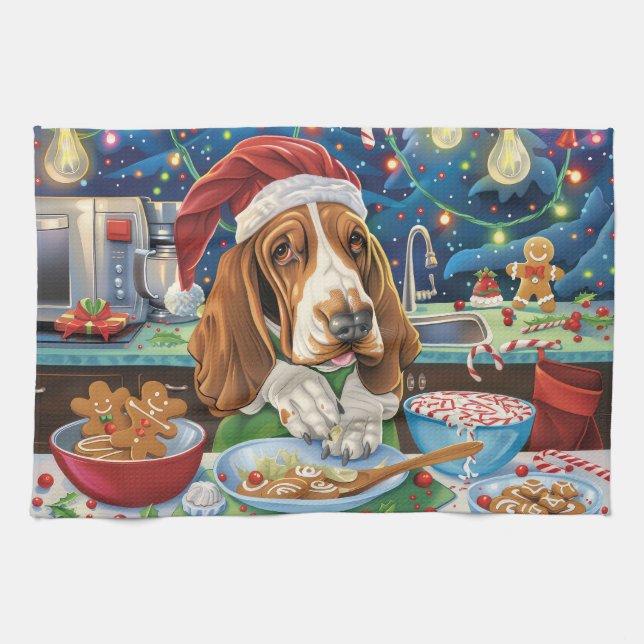 Basset Hound Helgdag Baking: Festive jul Kökshandduk (Horisontell)