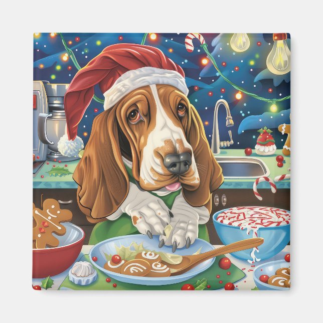Basset Hound Helgdag Baking: Festive jul Magnet (Framsidan)