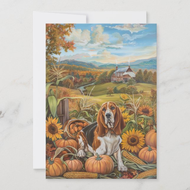 Basset Hound Hund Autumn Harvest Thanksgiving Julkort (Framsida)