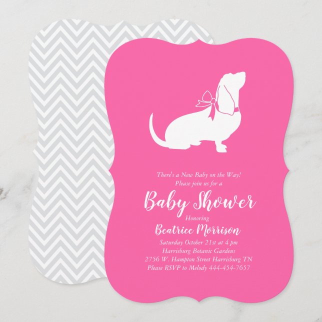 Basset Hound Hund Baby Shower Girl Rosa Inbjudningar (Fram/baksida)