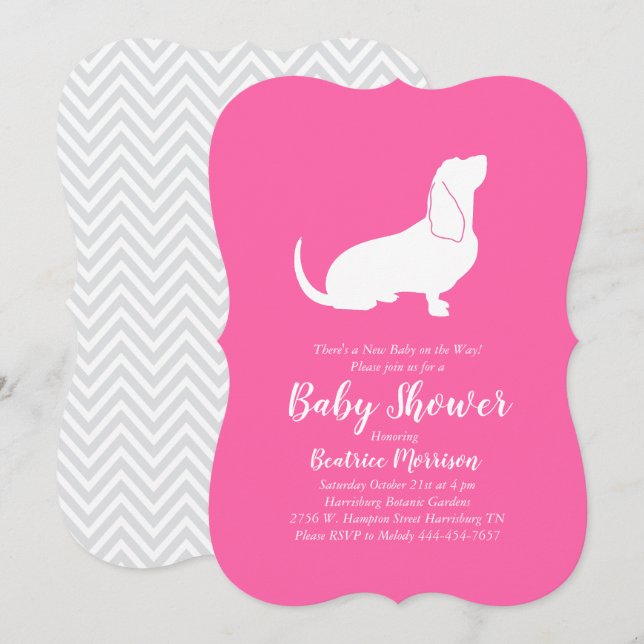Basset Hound Hund Baby Shower Girl Rosa Inbjudningar (Fram/baksida)