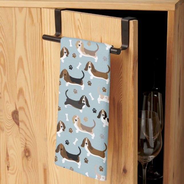 Basset Hound Hund Bones och Tass Kitchen Towel Kökshandduk (Thirds Fold)