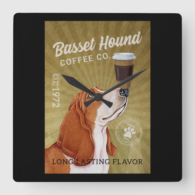 Basset Hound Hund Coffee Fyrkantig Klocka (Framsida)