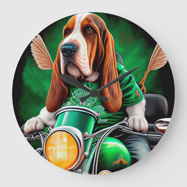 Basset Hound Hund Cycle St. Patrick's Day Stor Klocka (Framsida)