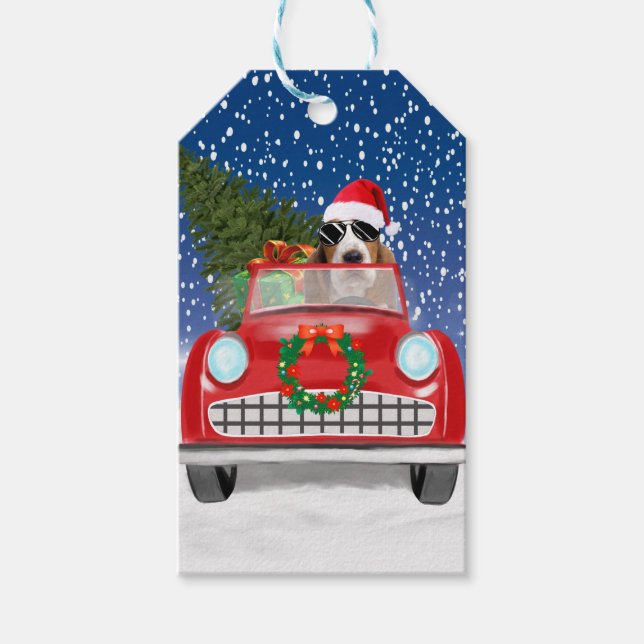 Basset Hound Hund Drivbil i Snö Jul Presentetikett (Framsidan)