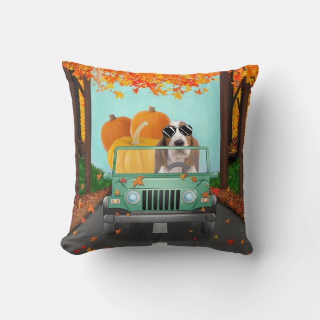Basset Hound Hund Fall Pumpkin Kudde (Framsida)