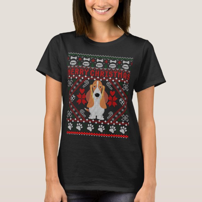 Basset Hound Hund God jul Ugly Sweater Funn T Shirt (Framsida)