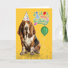 Basset Hound Hund i Party Hat Birthday Kort