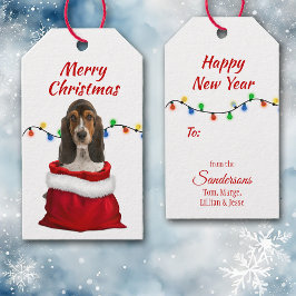 Basset Hound Hund i Santa Bag Presentetikett