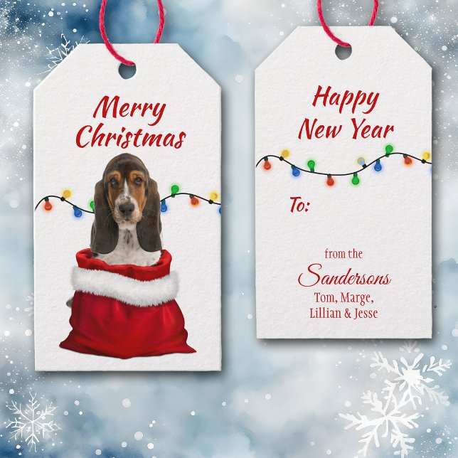 Basset Hound Hund i Santa Bag Presentetikett (Skapare uppladdad)