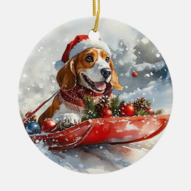 Basset Hound Hund i Sledge Låt det snöa jul Julgransprydnad Keramik (Framsidan)