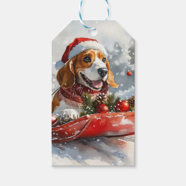 Basset Hound Hund i Sledge Låt det snöa jul Presentetikett (Framsidan)
