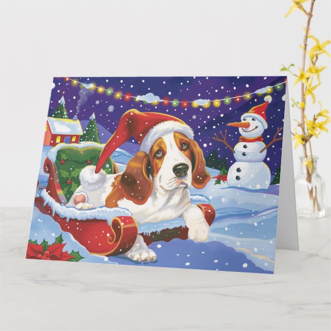 Basset Hound Hund i Sleigh Snö jul Kort (Gul blomma)