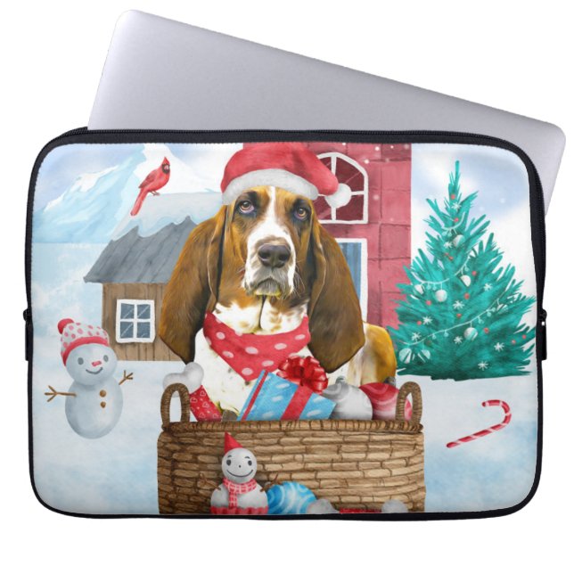 Basset Hound Hund I snö Hund House Laptop Fodral (Framsidan)