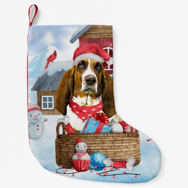 Basset Hound Hund I snö Hund House Liten Julstrumpa (Framsidan)