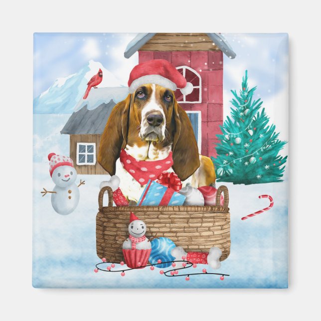 Basset Hound Hund I snö Hund House Magnet (Framsidan)