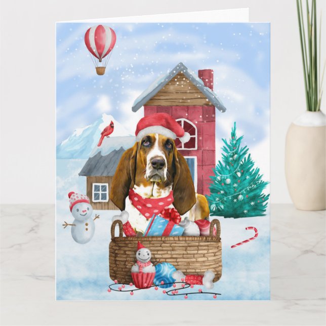 Basset Hound Hund I snö Jul Hund Hus Kort (Framsida)