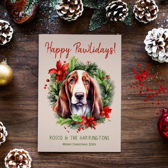 Basset Hound Hund jul jul Lycklig Pawlidays Julkort (Skapare uppladdad)