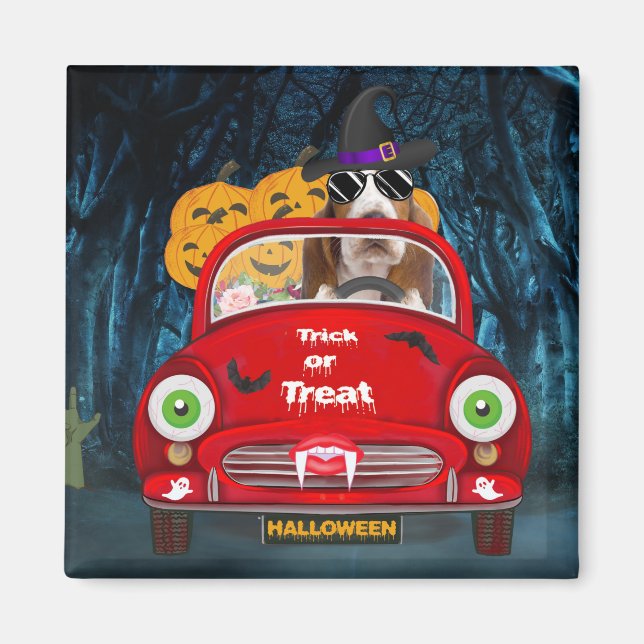 Basset Hound Hund Kör Bil Skräck Halloween Magnet (Framsidan)