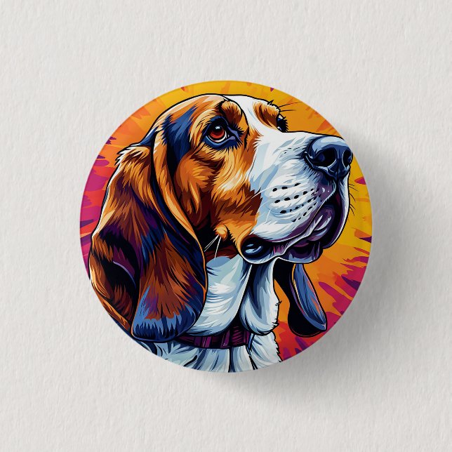 Basset Hound hund med färgglad bakgrund Knapp (Framsida)