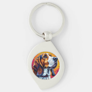 Basset Hound hund med färgglad bakgrund Swirl Silverfärgad Nyckelring