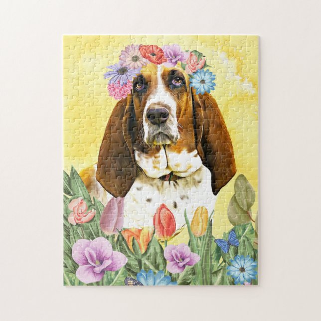 Basset Hound Hund med Flowers Vår Pussel (Vertikal)
