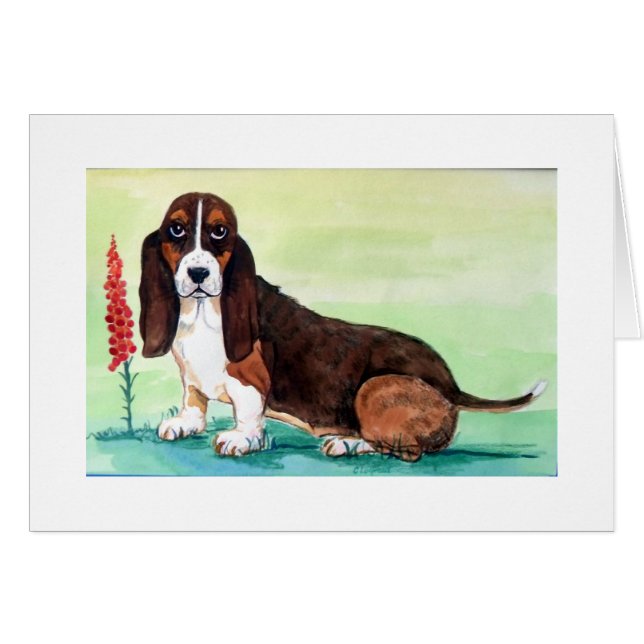 Basset Hound Hund med Foxglove Flowers Hälsningskort (Framsidan Horizontal)
