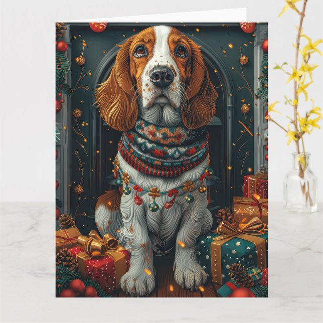 Basset Hound Hund Med Julpresenter Öppen Spis  Kort (Gul blomma)