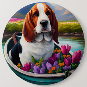 Basset Hound-Hund på en Paddle: ett Sceniskt Ävent Knapp