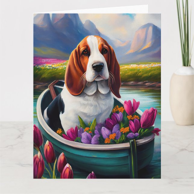 Basset Hound-Hund på en Paddle: ett Sceniskt Ävent Kort (Framsida)