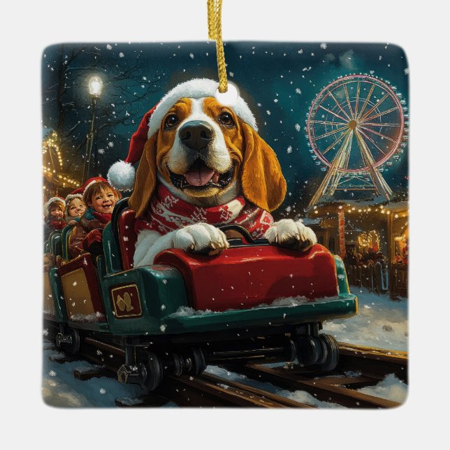 Basset Hound Hund Rulltrappa Jul Julgransprydnad Keramik (Framsida)