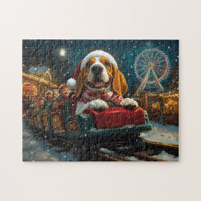 Basset Hound Hund Rulltrappa Jul Pussel (Horisontell)