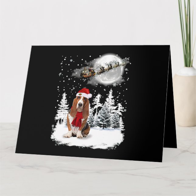 Basset Hound Hund Under Månljust Snö Jul Pj Kort (Framsida)