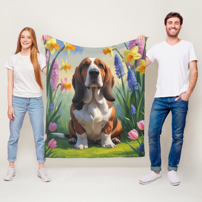 Basset Hound Hund Vårblommor Målning  Fleecefilt (På plats)