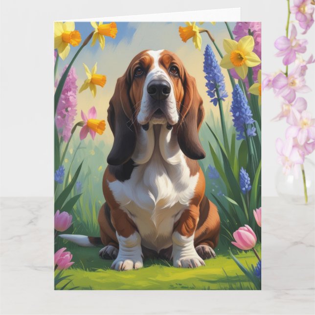 Basset Hound Hund Vårblommor Målning  Kort (Orkide)