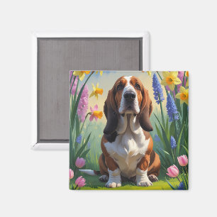 Basset Hound Hund Vårblommor Målning  Magnet