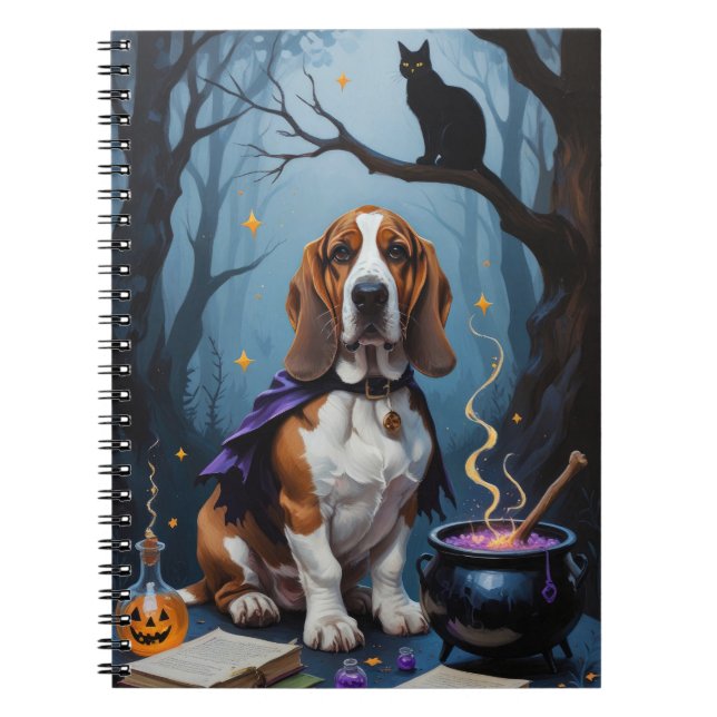 Basset Hound Hund Whimsical Halloween-målning Anteckningsbok (Framsidan)