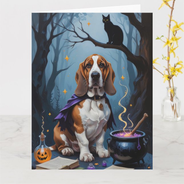 Basset Hound Hund Whimsical Halloween-målning Kort (Gul blomma)