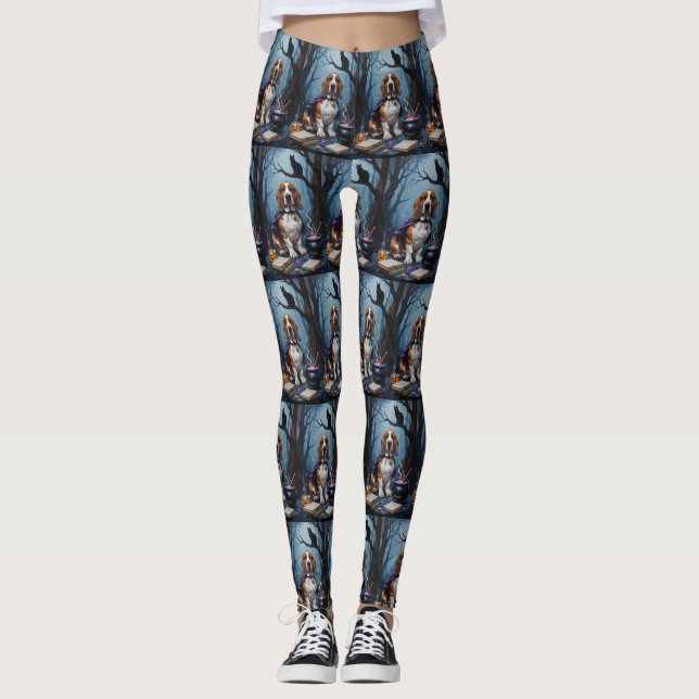 Basset Hound Hund Whimsical Halloween-målning Leggings (Framsida)