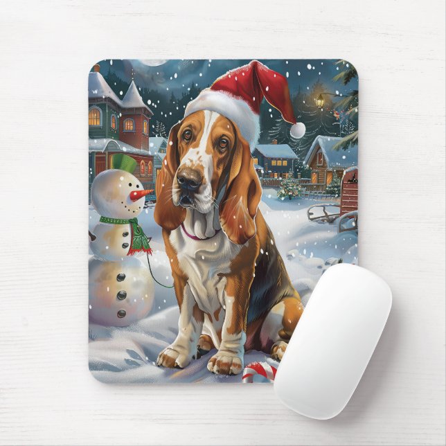 Basset Hound Hund Winter Wonderland jul Joy Musmatta (Med mus)